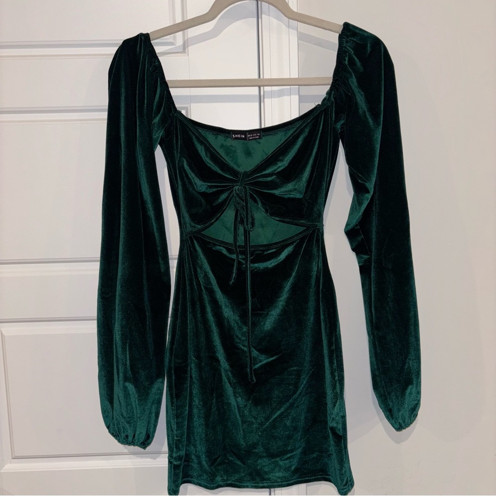SHEIN Dark Green Long Sleeve Velvet Dress